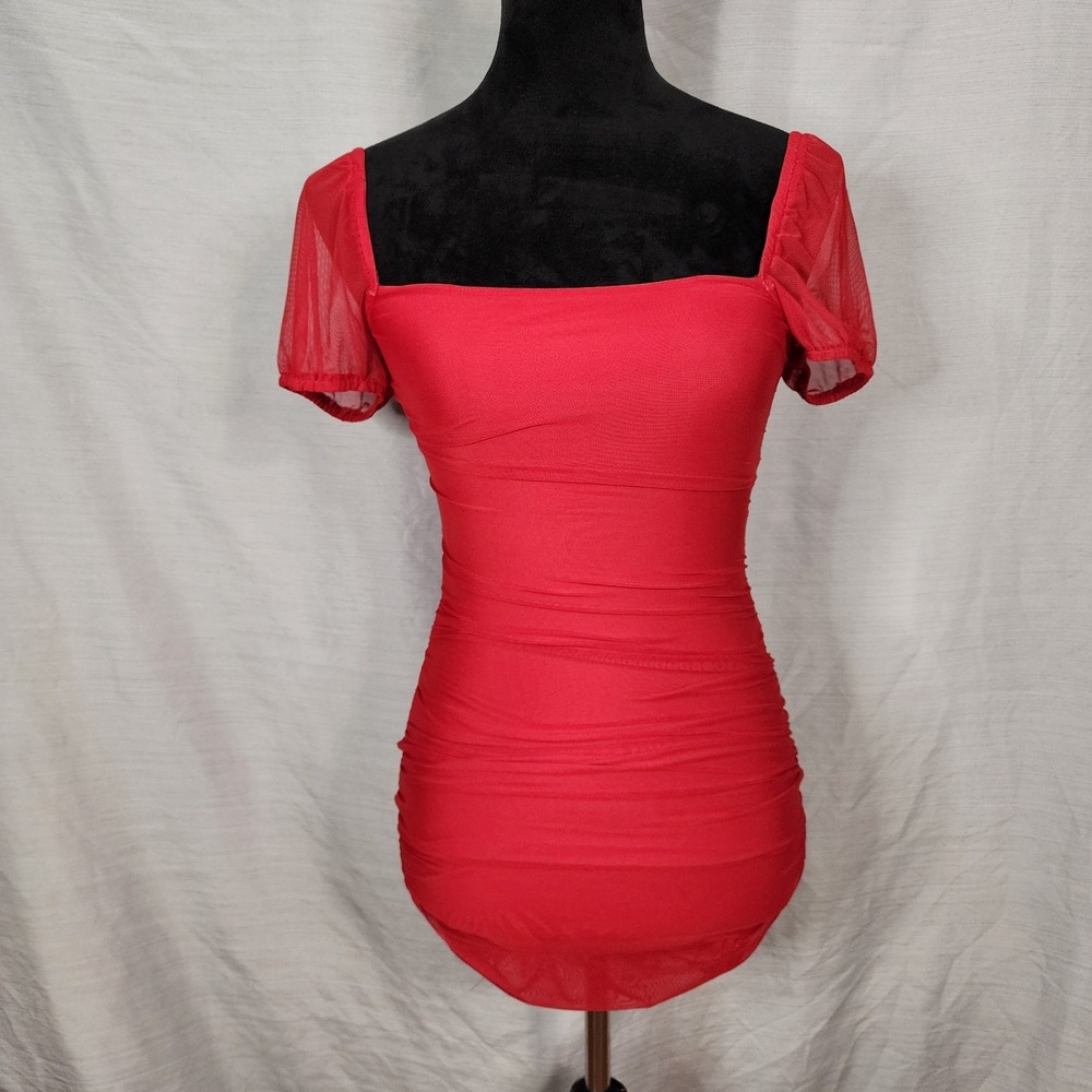PRINCESS POLLY‎ Size 2 Charvi On/Off Shoulder Red Ruched Mesh Mini Bodycon Dress